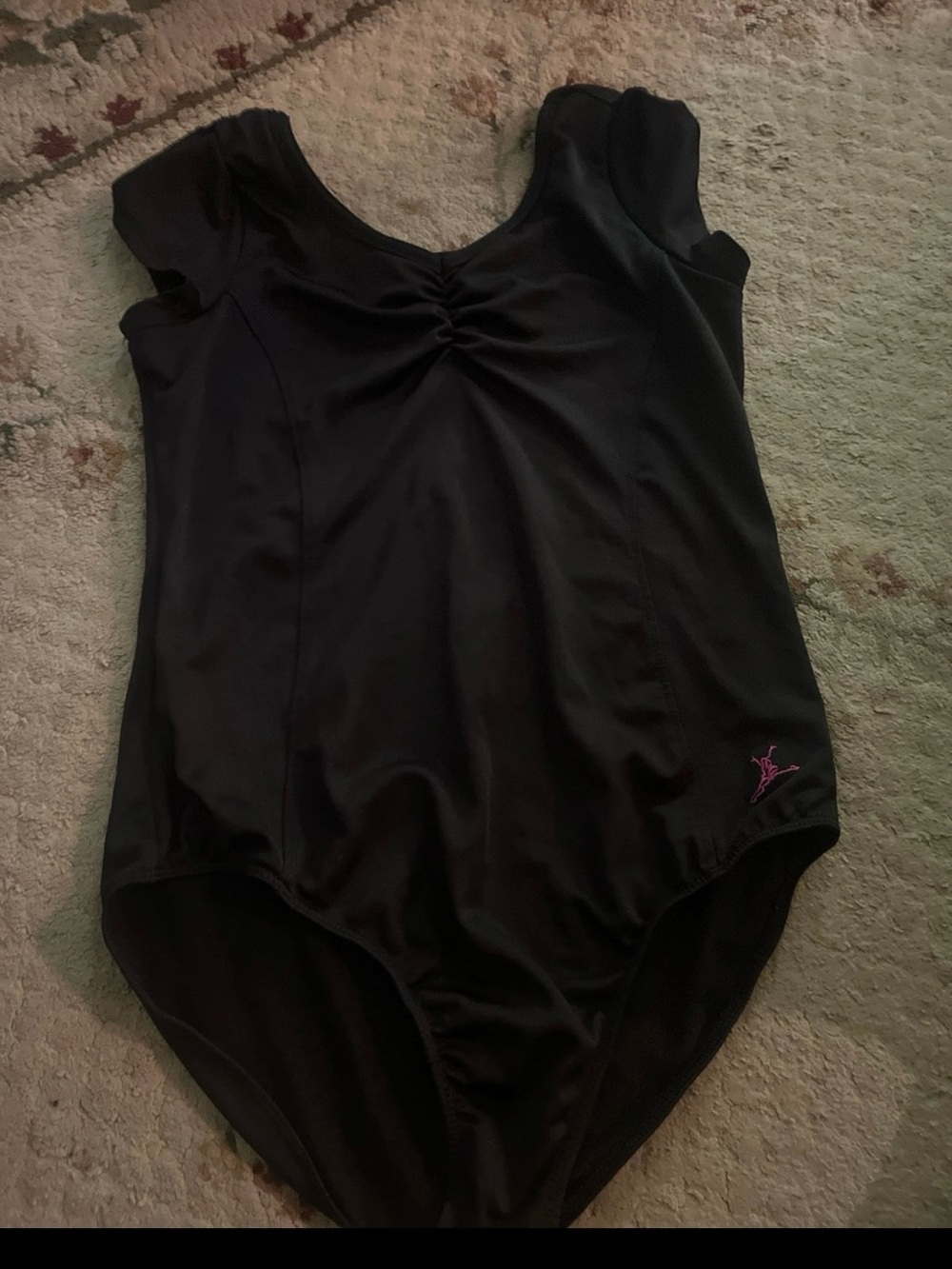 Black Girls Short Sleeve Dance Leotard with Subtle Front Detail